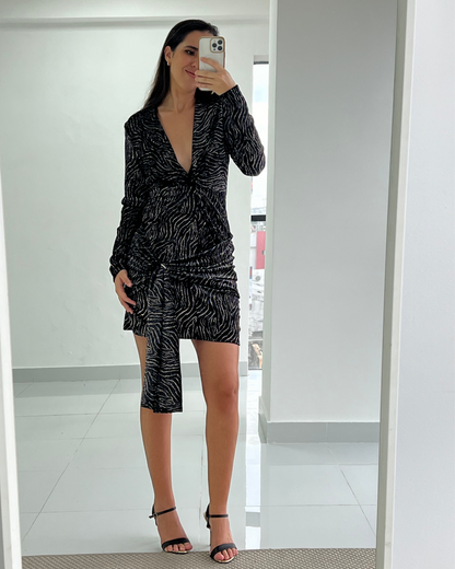 Coast - Gold-Patterned Velvet Mini Dress with Front Knot Detail