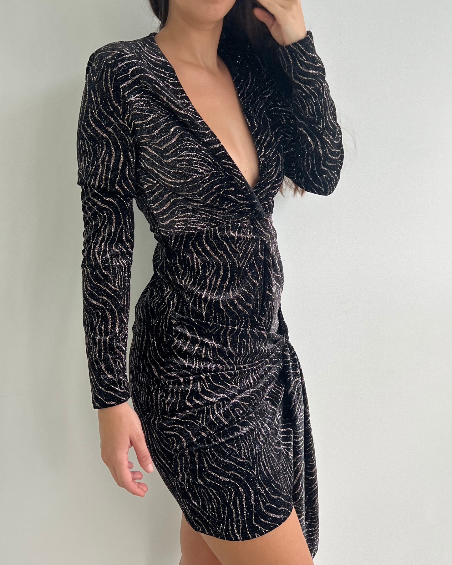 Coast - Gold-Patterned Velvet Mini Dress with Front Knot Detail