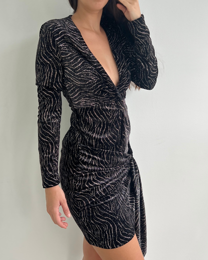 Coast - Gold-Patterned Velvet Mini Dress with Front Knot Detail