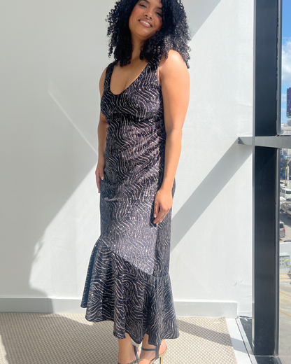 Coast - Gold-Patterned Asymmetrical Velvet Midi Dress