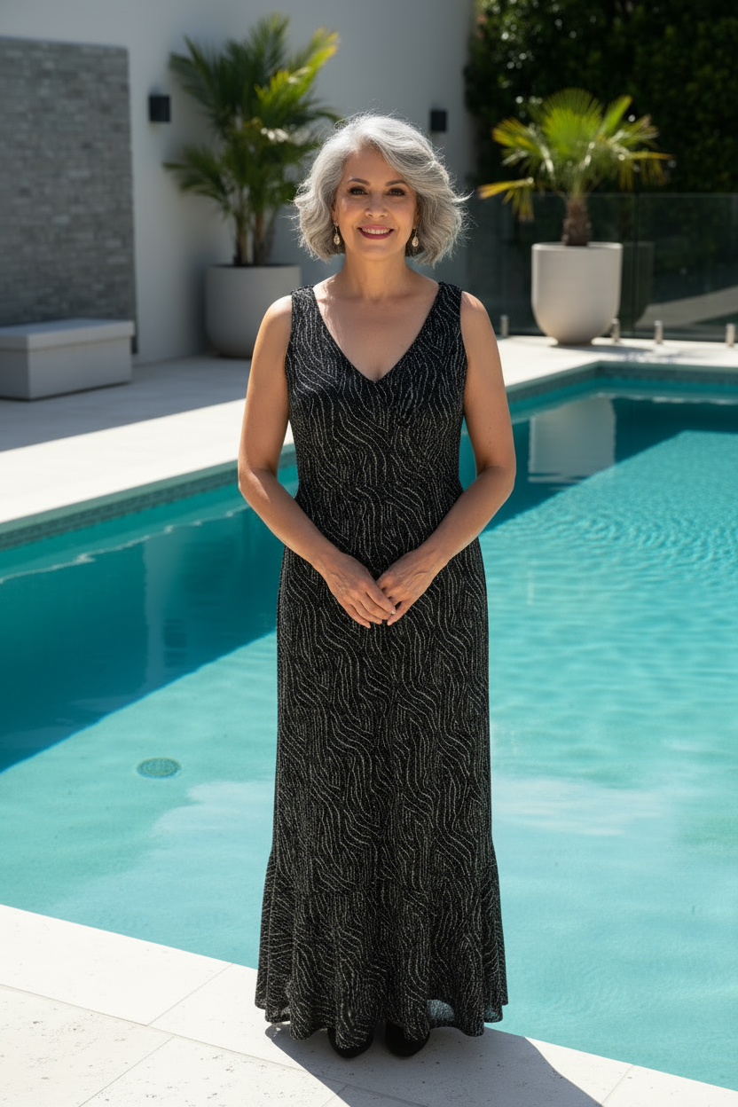 Woman in a black dress standing by a pool