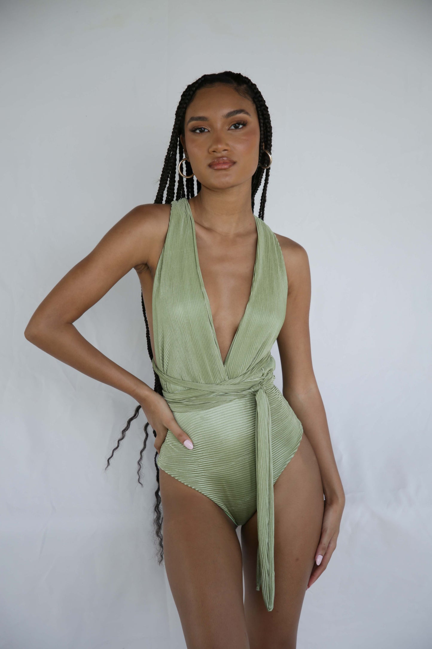 Loren - Green Ribbed Convertible One-Piece Bodysuit