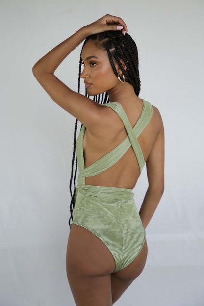 Loren - Green Ribbed Convertible One-Piece Bodysuit