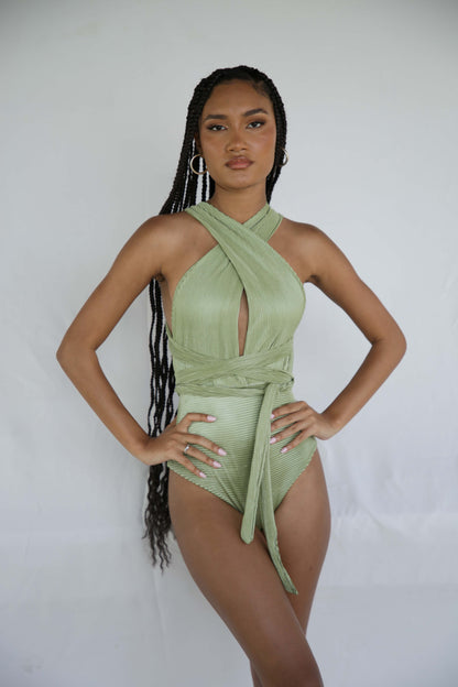 Loren - Green Ribbed Convertible One-Piece Bodysuit