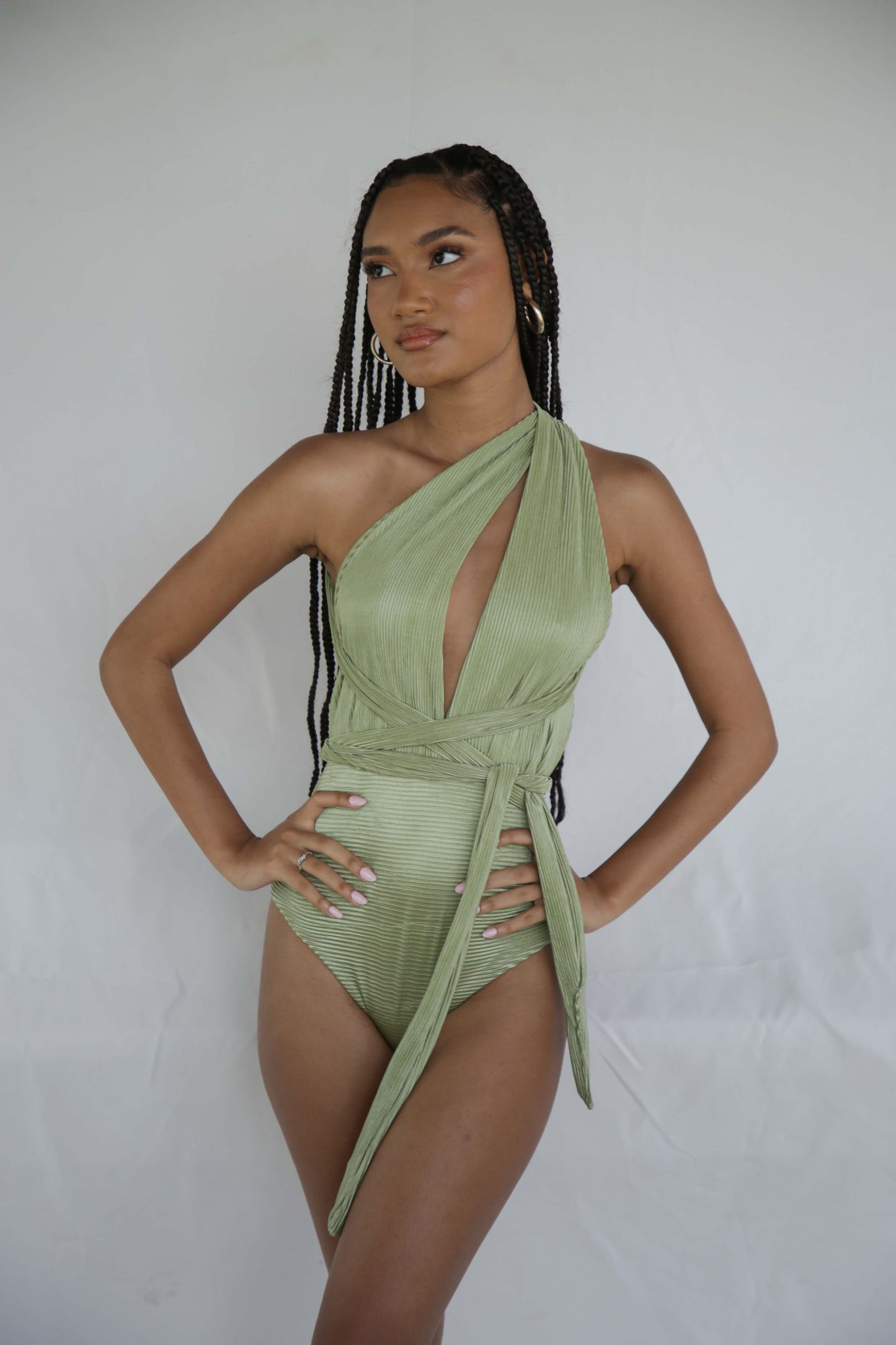 Loren - Green Ribbed Convertible One-Piece Bodysuit