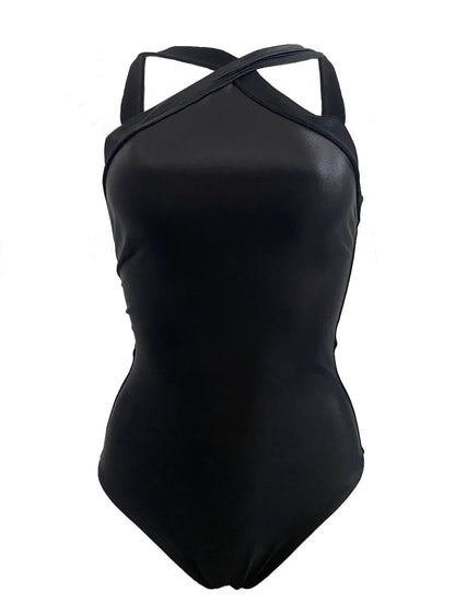 Victoria - Liquid black halter cut one-piece swimsuit